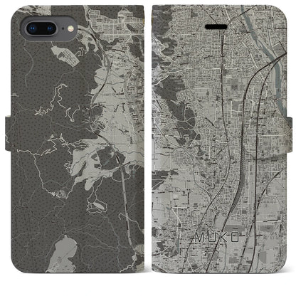 【向日（京都府）】地図柄iPhoneケース（手帳タイプ）モノトーン・iPhone 8Plus /7Plus / 6sPlus / 6Plus 用