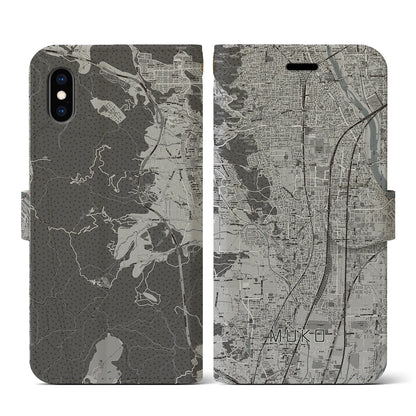 【向日（京都府）】地図柄iPhoneケース（手帳タイプ）モノトーン・iPhone XS / X 用