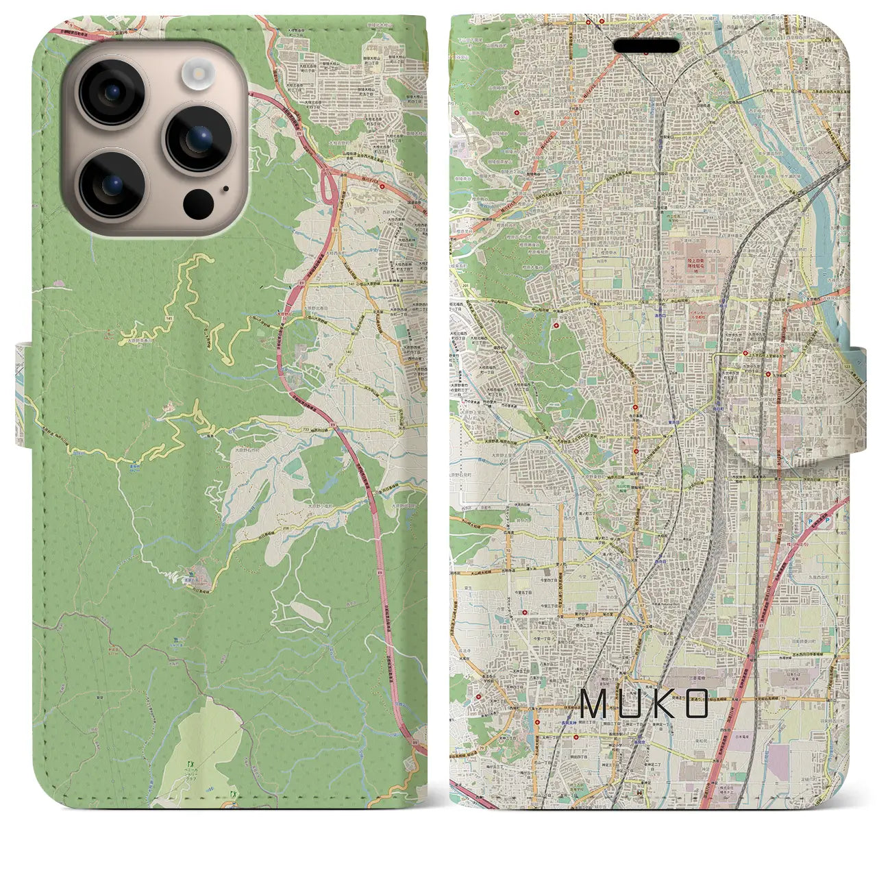 【向日（京都府）】地図柄iPhoneケース（手帳タイプ）ナチュラル・iPhone 16 Plus 用