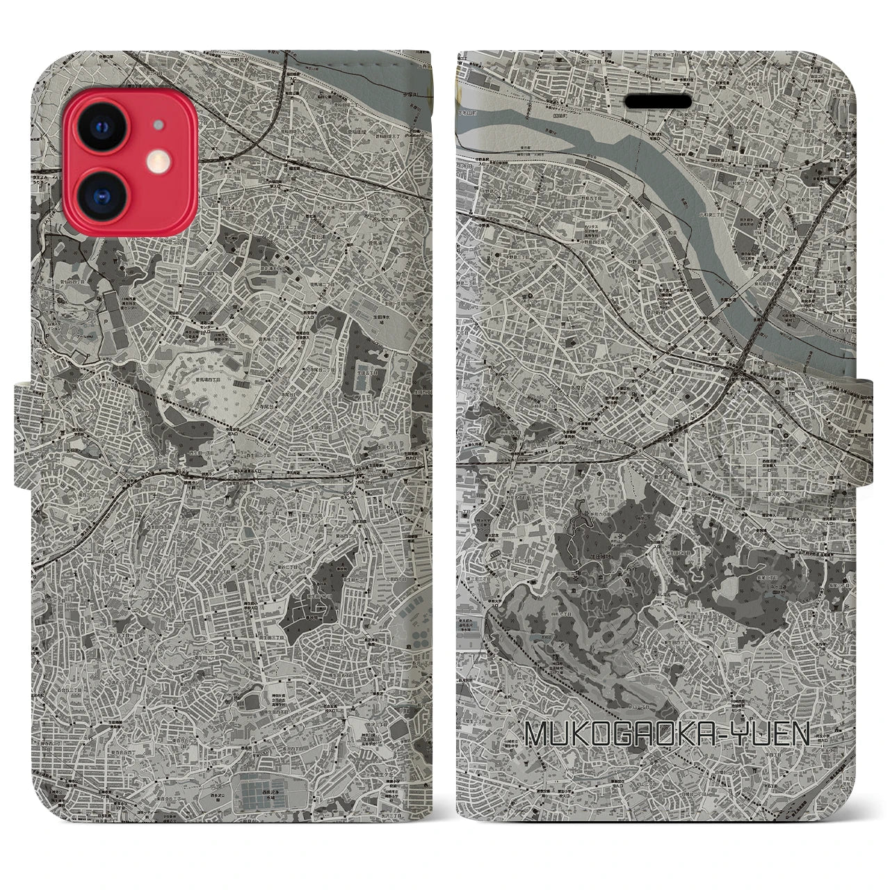 【向ヶ丘遊園】地図柄iPhoneケース（手帳両面タイプ・モノトーン）iPhone 11 用