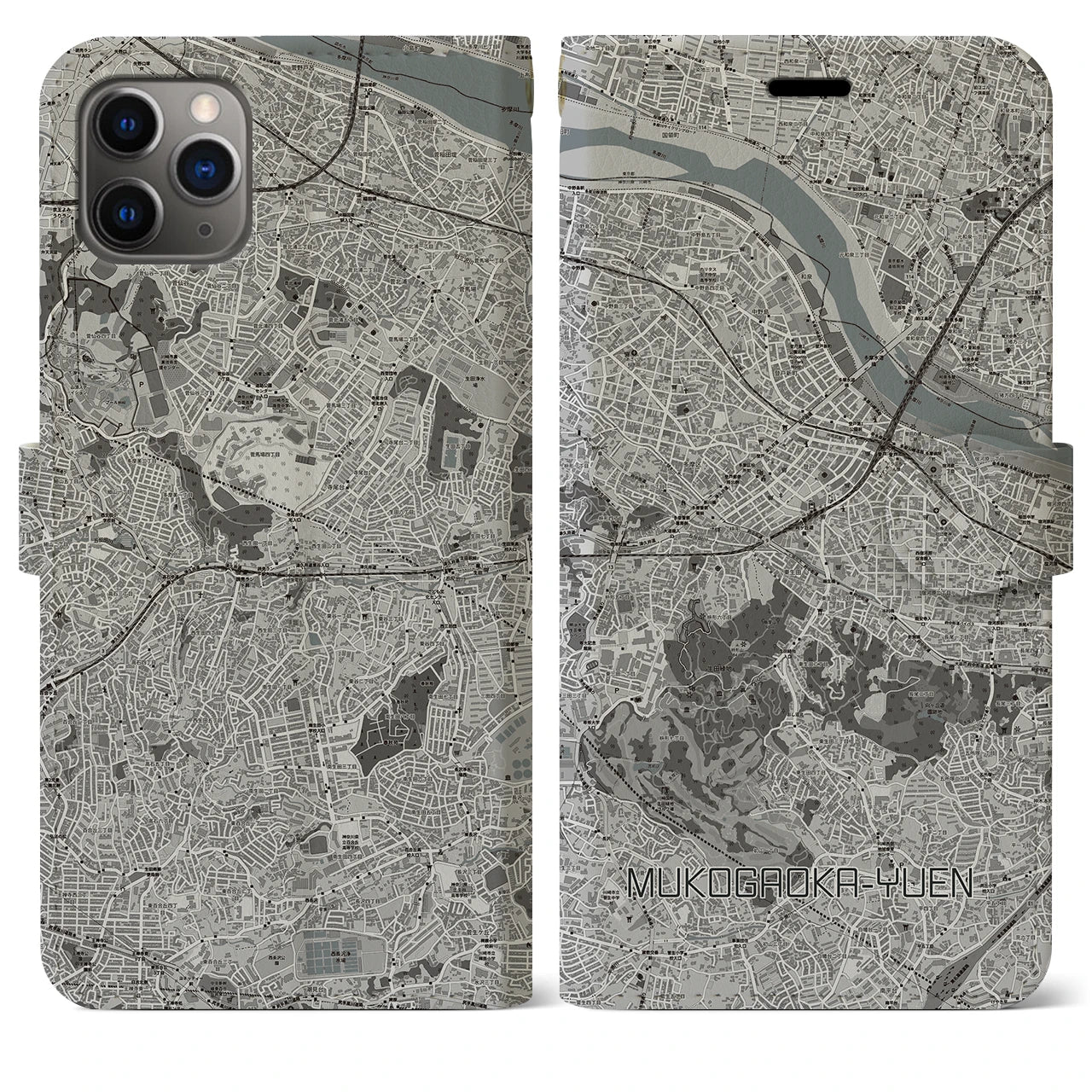 【向ヶ丘遊園】地図柄iPhoneケース（手帳両面タイプ・モノトーン）iPhone 11 Pro Max 用