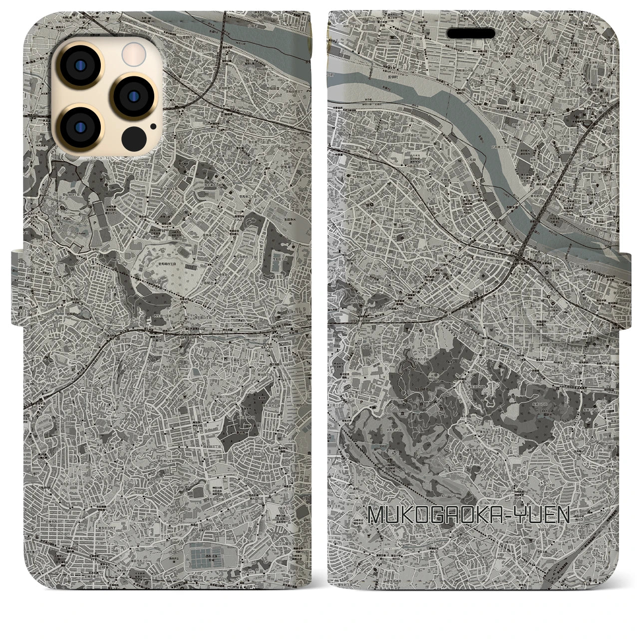 【向ヶ丘遊園】地図柄iPhoneケース（手帳両面タイプ・モノトーン）iPhone 12 Pro Max 用