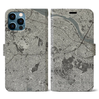 【向ヶ丘遊園（神奈川県）】地図柄iPhoneケース（手帳タイプ）モノトーン・iPhone 12 / 12 Pro 用