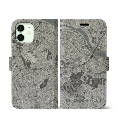 【向ヶ丘遊園（神奈川県）】地図柄iPhoneケース（手帳タイプ）モノトーン・iPhone 12 mini 用