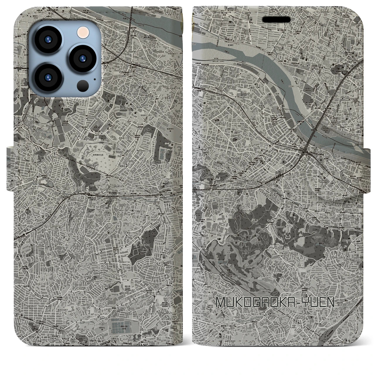 【向ヶ丘遊園】地図柄iPhoneケース（手帳両面タイプ・モノトーン）iPhone 13 Pro Max 用