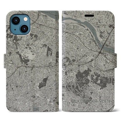 【向ヶ丘遊園（神奈川県）】地図柄iPhoneケース（手帳タイプ）モノトーン・iPhone 13 用