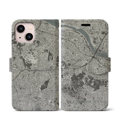 【向ヶ丘遊園（神奈川県）】地図柄iPhoneケース（手帳タイプ）モノトーン・iPhone 13 mini 用