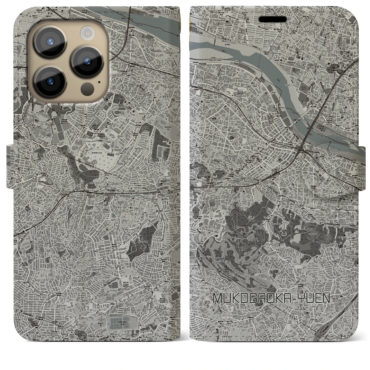 【向ヶ丘遊園】地図柄iPhoneケース（手帳両面タイプ・モノトーン）iPhone 14 Pro Max 用