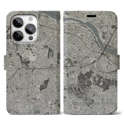 【向ヶ丘遊園（神奈川県）】地図柄iPhoneケース（手帳タイプ）モノトーン・iPhone 14 Pro 用