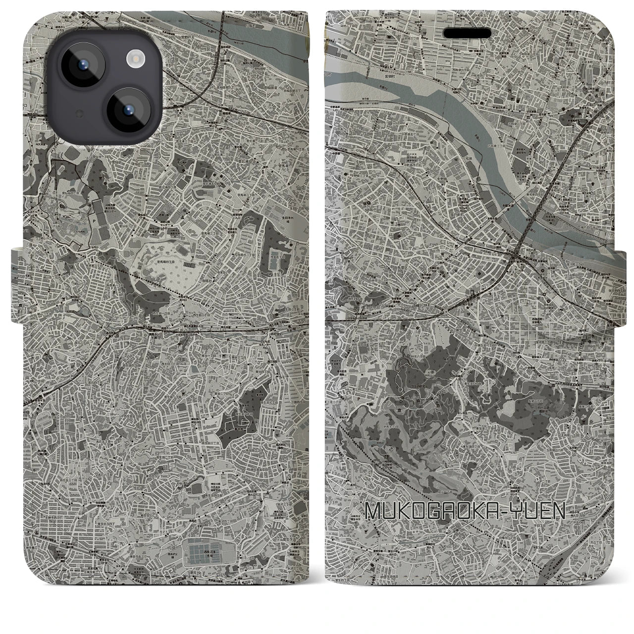 【向ヶ丘遊園】地図柄iPhoneケース（手帳両面タイプ・モノトーン）iPhone 14 Plus 用