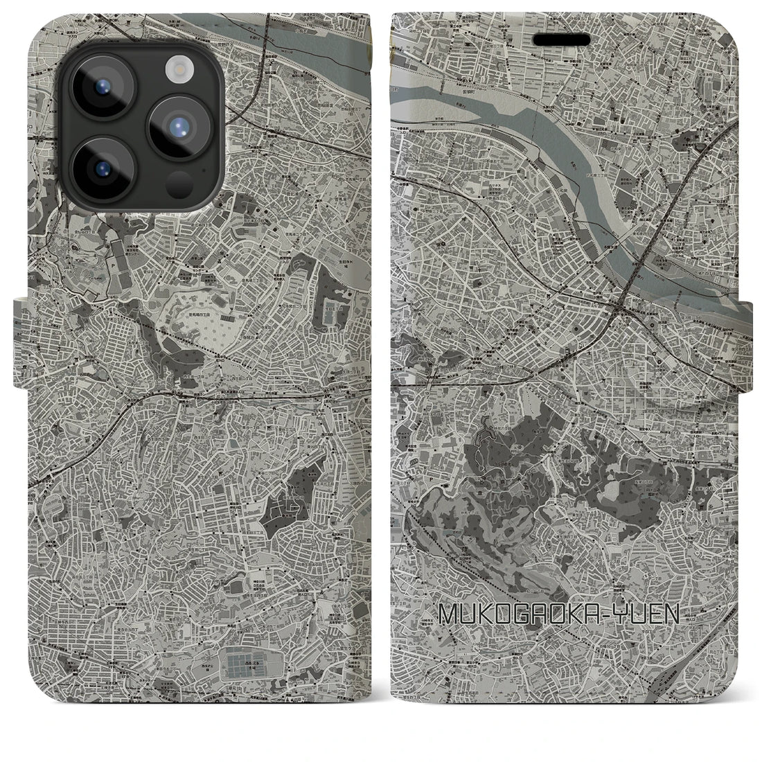 【向ヶ丘遊園】地図柄iPhoneケース（手帳両面タイプ・モノトーン）iPhone 15 Pro Max 用