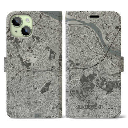 【向ヶ丘遊園（神奈川県）】地図柄iPhoneケース（手帳タイプ）モノトーン・iPhone 15 用