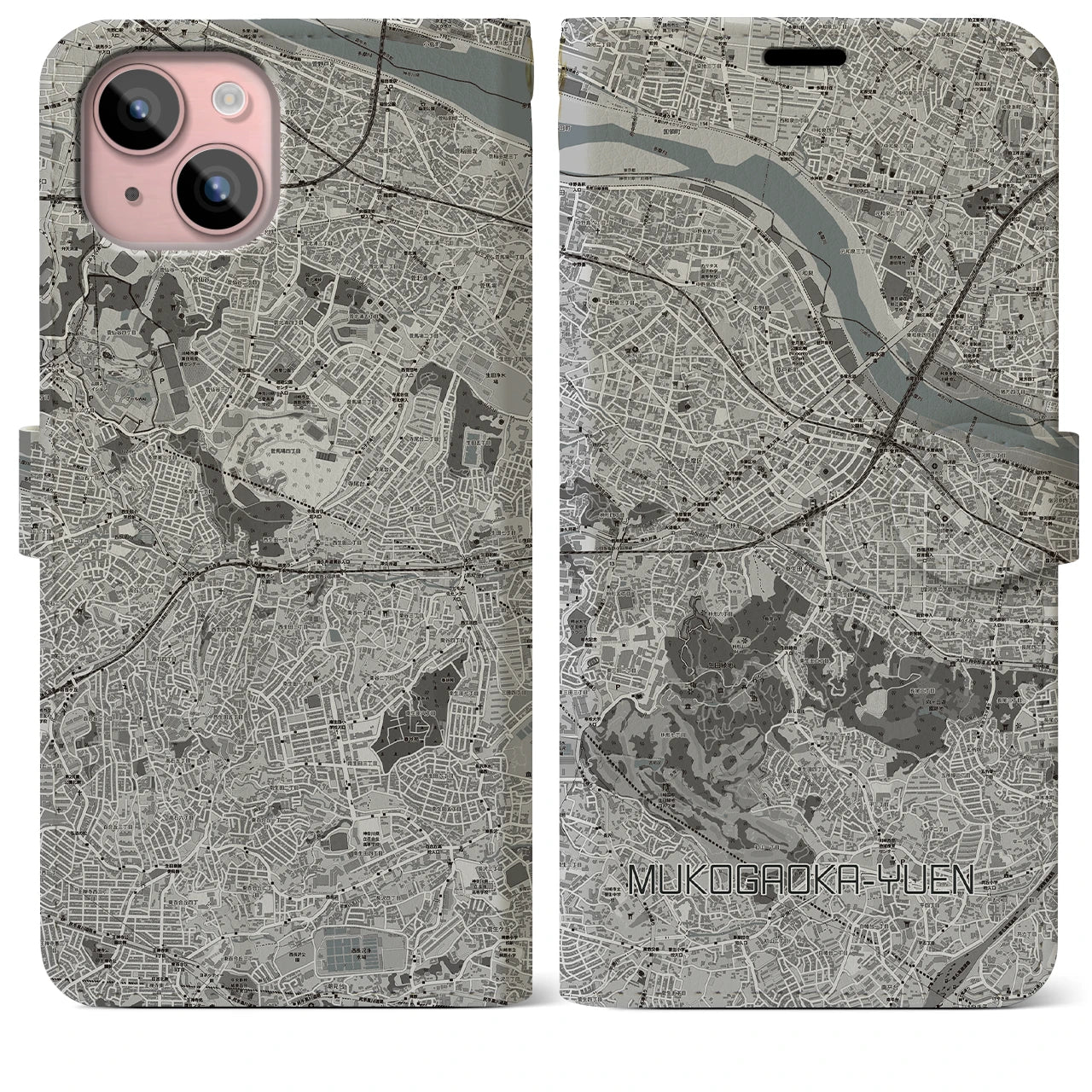 【向ヶ丘遊園】地図柄iPhoneケース（手帳両面タイプ・モノトーン）iPhone 15 Plus 用