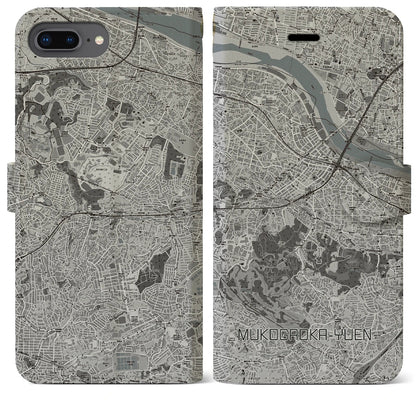 【向ヶ丘遊園（神奈川県）】地図柄iPhoneケース（手帳タイプ）モノトーン・iPhone 8Plus /7Plus / 6sPlus / 6Plus 用