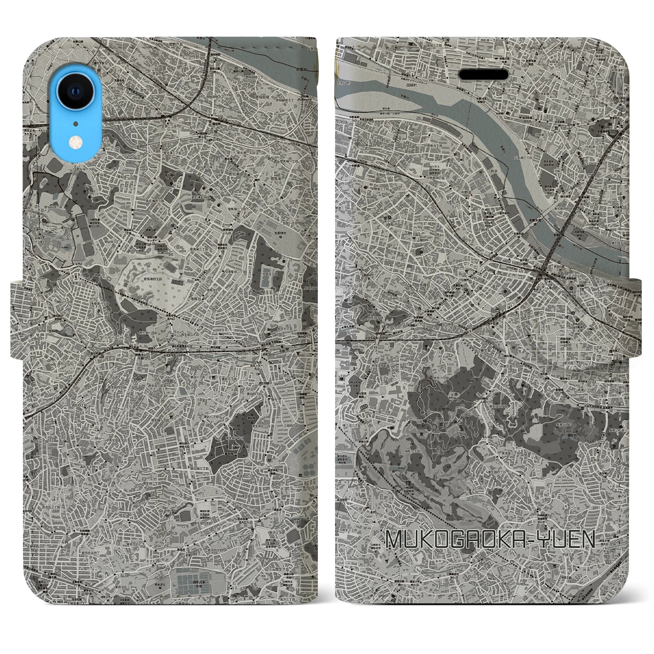【向ヶ丘遊園】地図柄iPhoneケース（手帳両面タイプ・モノトーン）iPhone XR 用
