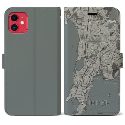 【ムンバイ（インド）】地図柄iPhoneケース（手帳タイプ）モノトーン・iPhone 11 用