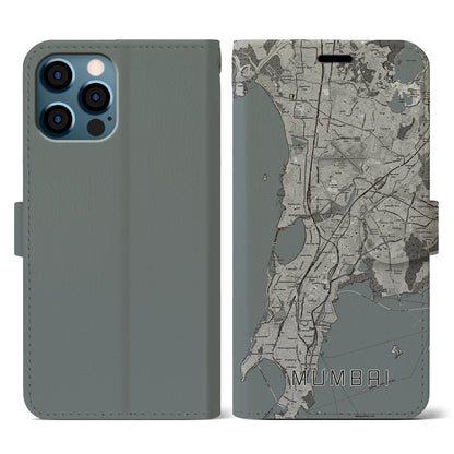 【ムンバイ（インド）】地図柄iPhoneケース（手帳タイプ）モノトーン・iPhone 12 / 12 Pro 用