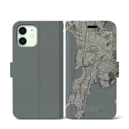 【ムンバイ（インド）】地図柄iPhoneケース（手帳タイプ）モノトーン・iPhone 12 mini 用