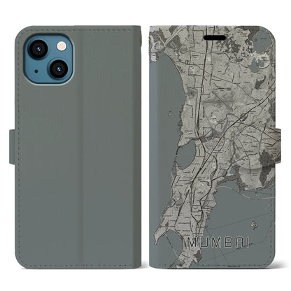 【ムンバイ（インド）】地図柄iPhoneケース（手帳タイプ）モノトーン・iPhone 13 用