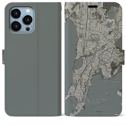 【ムンバイ（インド）】地図柄iPhoneケース（手帳タイプ）モノトーン・iPhone 13 Pro Max 用