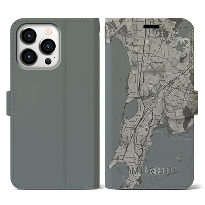 【ムンバイ（インド）】地図柄iPhoneケース（手帳タイプ）モノトーン・iPhone 13 Pro 用