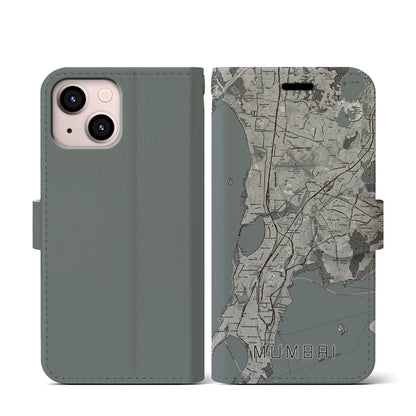 【ムンバイ（インド）】地図柄iPhoneケース（手帳タイプ）モノトーン・iPhone 13 mini 用