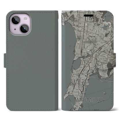 【ムンバイ（インド）】地図柄iPhoneケース（手帳タイプ）モノトーン・iPhone 14 用