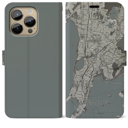 【ムンバイ（インド）】地図柄iPhoneケース（手帳タイプ）モノトーン・iPhone 14 Pro Max 用