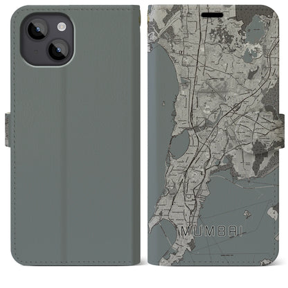 【ムンバイ（インド）】地図柄iPhoneケース（手帳タイプ）モノトーン・iPhone 14 Plus 用