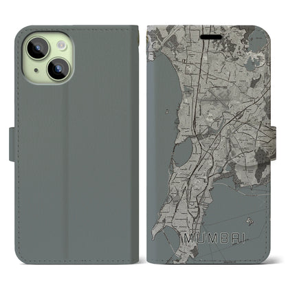 【ムンバイ（インド）】地図柄iPhoneケース（手帳タイプ）モノトーン・iPhone 15 用