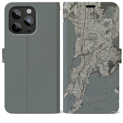 【ムンバイ（インド）】地図柄iPhoneケース（手帳タイプ）モノトーン・iPhone 15 Pro Max 用