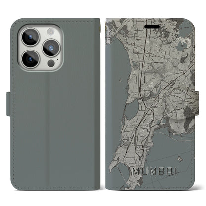 【ムンバイ（インド）】地図柄iPhoneケース（手帳タイプ）モノトーン・iPhone 15 Pro 用