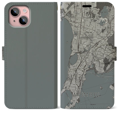 【ムンバイ（インド）】地図柄iPhoneケース（手帳タイプ）モノトーン・iPhone 15 Plus 用