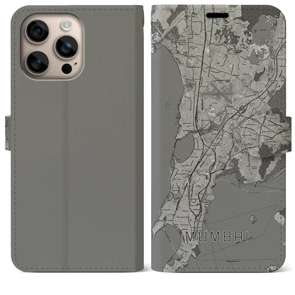 【ムンバイ（インド）】地図柄iPhoneケース（手帳タイプ）モノトーン・iPhone 16 Plus 用