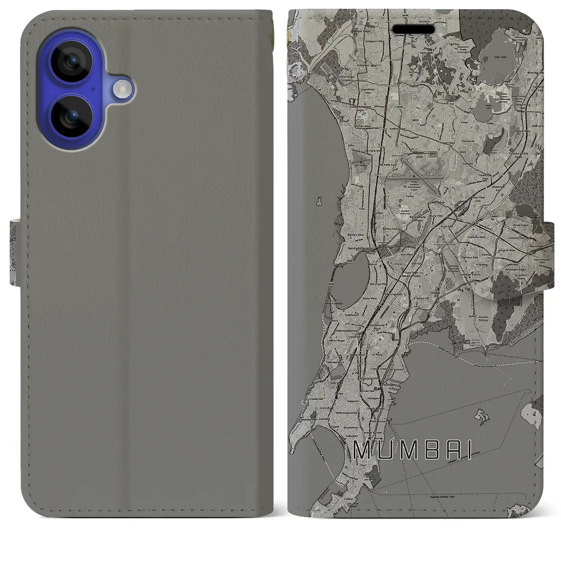 【ムンバイ(インド)】地図柄iPhoneケース(手帳タイプ)モノトーン・iPhone 16 Pro Max 用