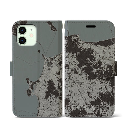 【宗像（福岡県）】地図柄iPhoneケース（手帳タイプ）モノトーン・iPhone 12 mini 用