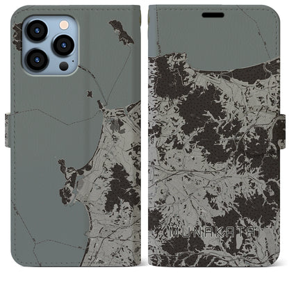 【宗像（福岡県）】地図柄iPhoneケース（手帳タイプ）モノトーン・iPhone 13 Pro Max 用