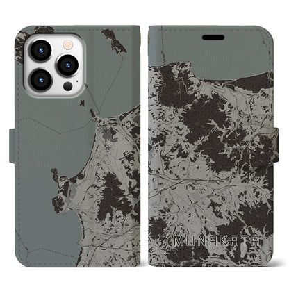 【宗像（福岡県）】地図柄iPhoneケース（手帳タイプ）モノトーン・iPhone 13 Pro 用