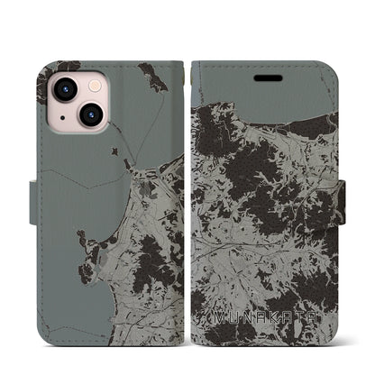 【宗像（福岡県）】地図柄iPhoneケース（手帳タイプ）モノトーン・iPhone 13 mini 用