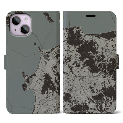 【宗像（福岡県）】地図柄iPhoneケース（手帳タイプ）モノトーン・iPhone 14 用