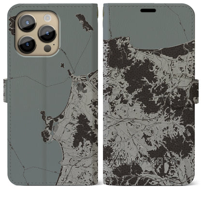 【宗像（福岡県）】地図柄iPhoneケース（手帳タイプ）モノトーン・iPhone 14 Pro Max 用