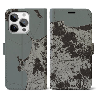 【宗像（福岡県）】地図柄iPhoneケース（手帳タイプ）モノトーン・iPhone 14 Pro 用