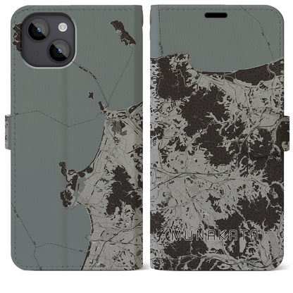 【宗像（福岡県）】地図柄iPhoneケース（手帳タイプ）モノトーン・iPhone 14 Plus 用