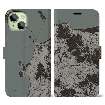 【宗像（福岡県）】地図柄iPhoneケース（手帳タイプ）モノトーン・iPhone 15 用