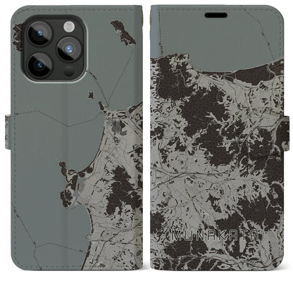 【宗像（福岡県）】地図柄iPhoneケース（手帳タイプ）モノトーン・iPhone 15 Pro Max 用