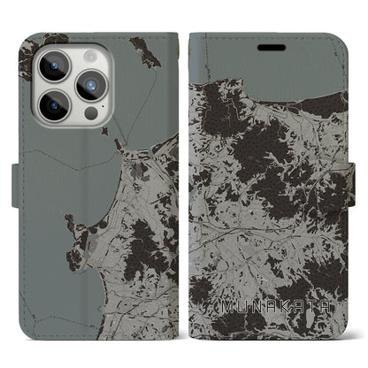 【宗像（福岡県）】地図柄iPhoneケース（手帳タイプ）モノトーン・iPhone 15 Pro 用