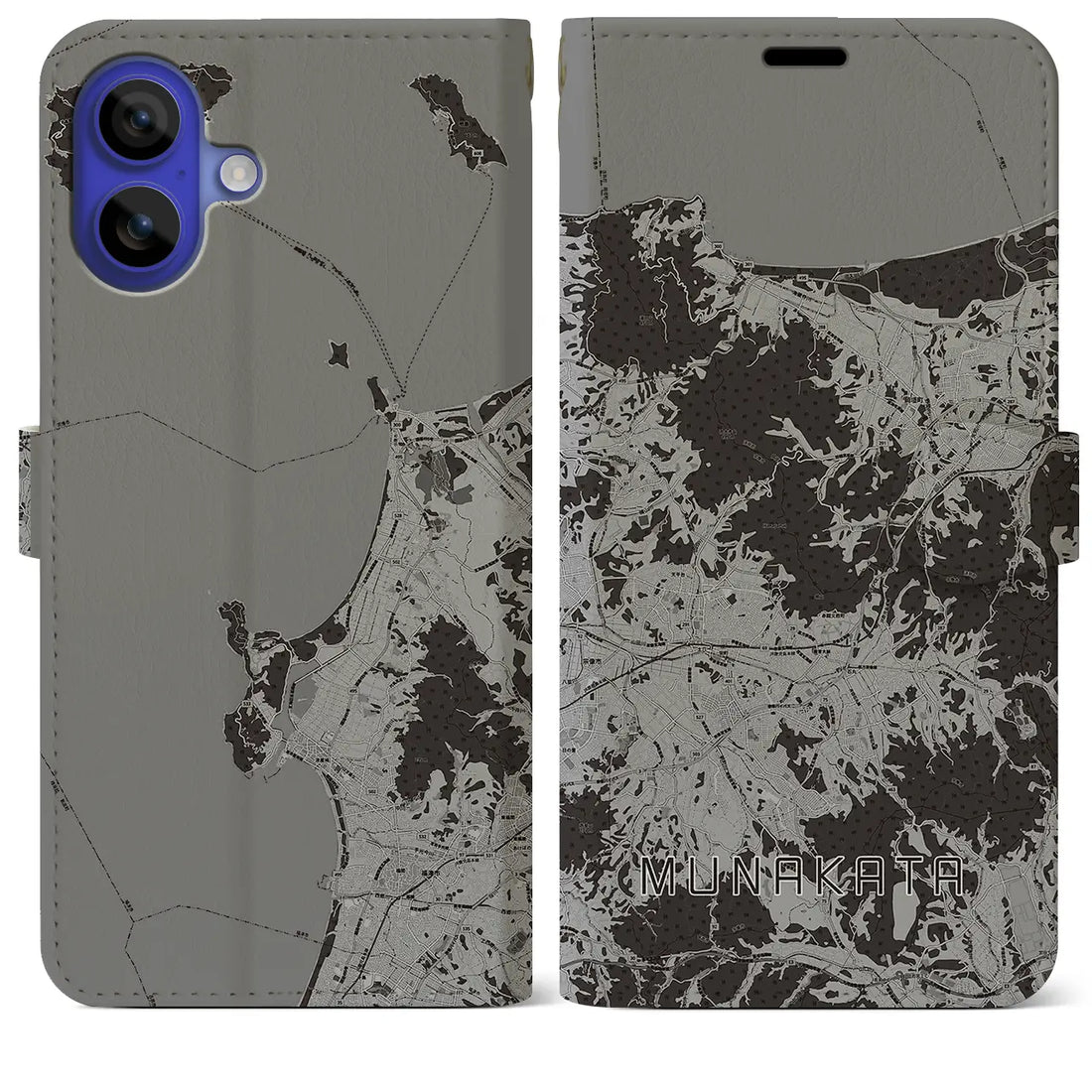 【宗像(福岡県)】地図柄iPhoneケース(手帳タイプ)モノトーン・iPhone 16 Pro Max 用