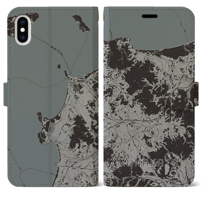 【宗像（福岡県）】地図柄iPhoneケース（手帳タイプ）モノトーン・iPhone XS Max 用