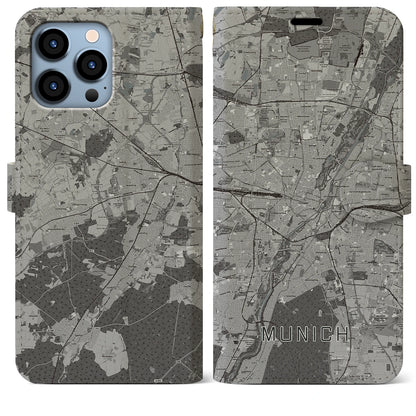 【ミュンヘン（ドイツ）】地図柄iPhoneケース（手帳タイプ）モノトーン・iPhone 13 Pro Max 用