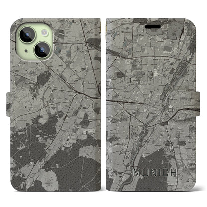 【ミュンヘン（ドイツ）】地図柄iPhoneケース（手帳タイプ）モノトーン・iPhone 15 用